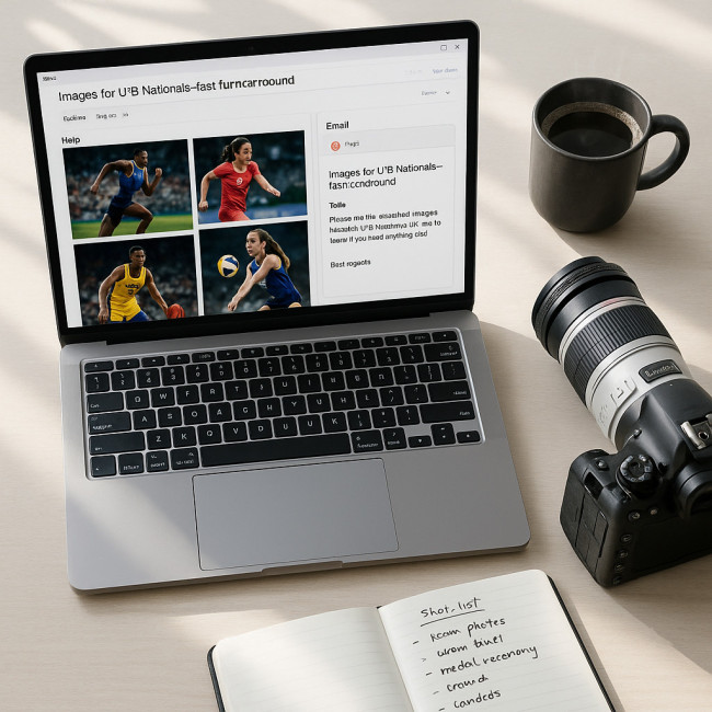 overhead view of photographer drafting outreach email to a sport federation