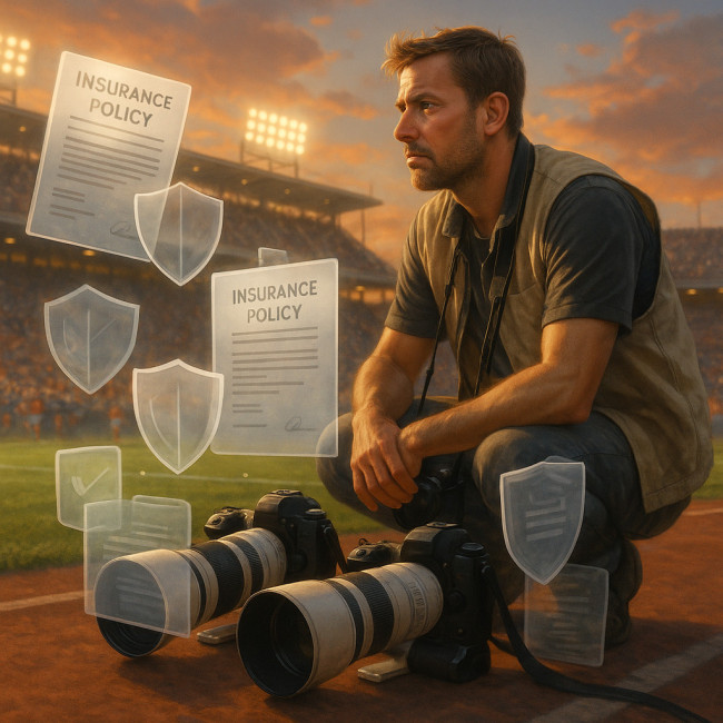Sports photographer trackside with cameras and insurance symbols