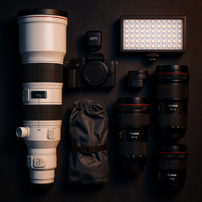 sports photography gear flat lay