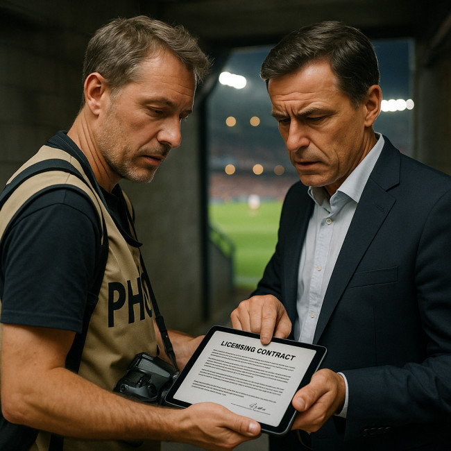 photographer and manager reviewing rights contract