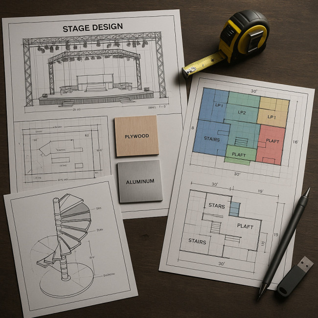 Flat lay of stage design drawings and material samples