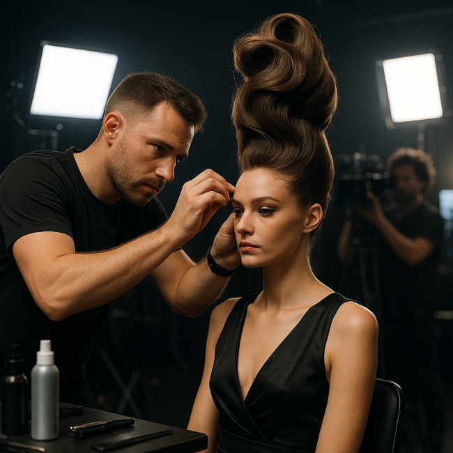 Hairstylist perfecting award-night hair under bright lights