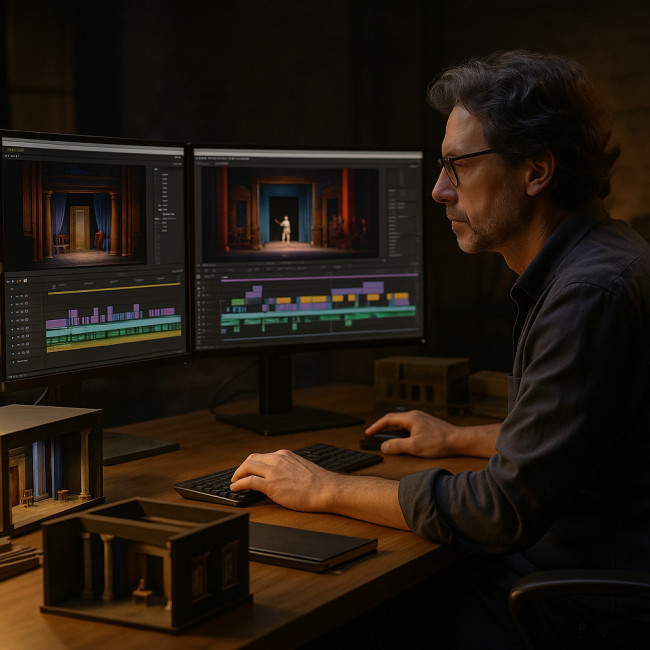 Stage scenographer editing showreel timeline