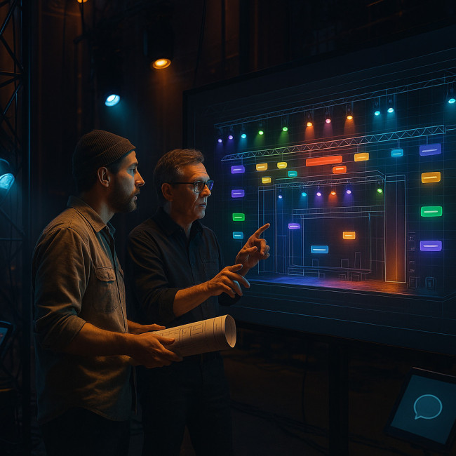 Scenographer and director syncing lighting plan on digital screen