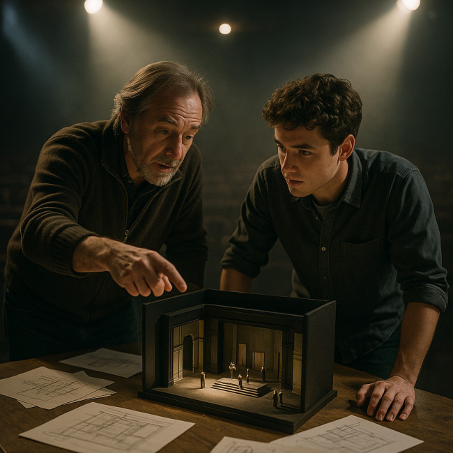 mentor and mentee examine a stage model under theatre lights