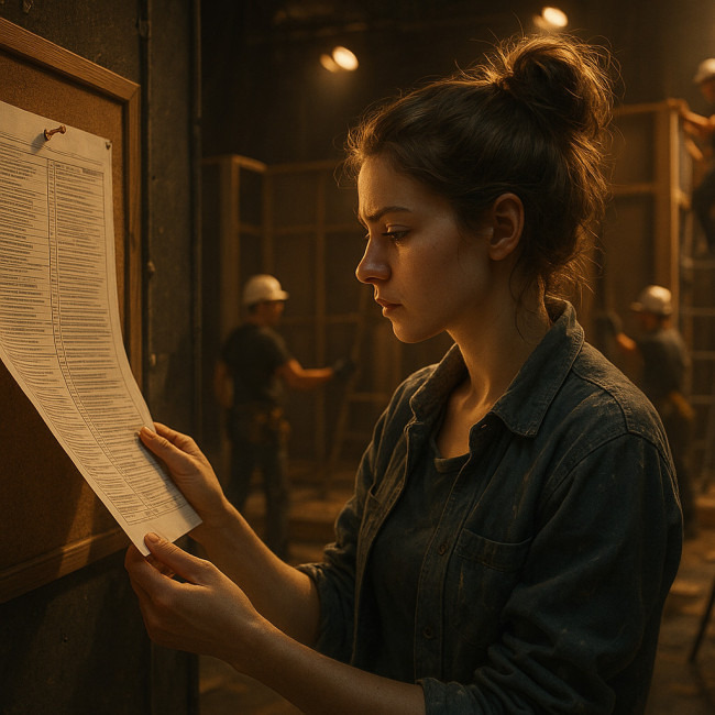 Stage scenographer reviews safety checklist backstage