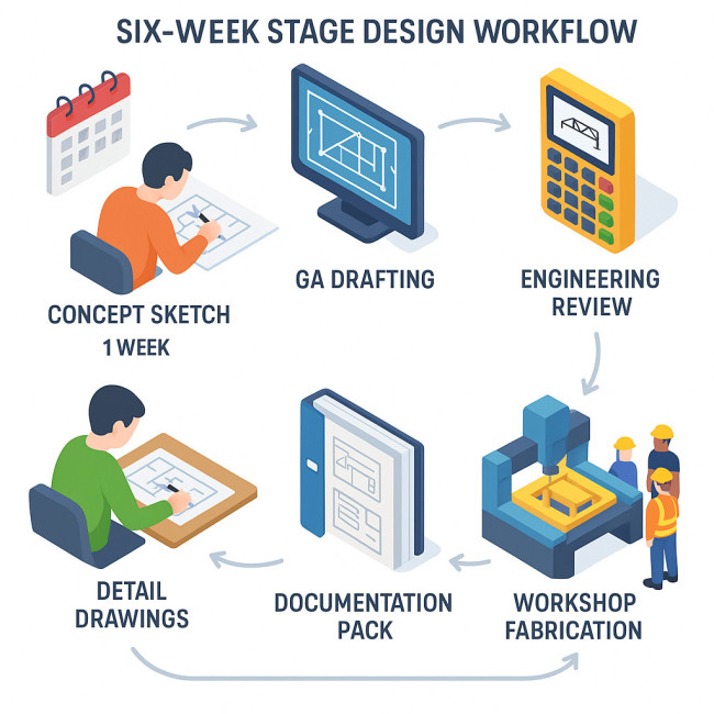 Isometric infographic of stage design workflow