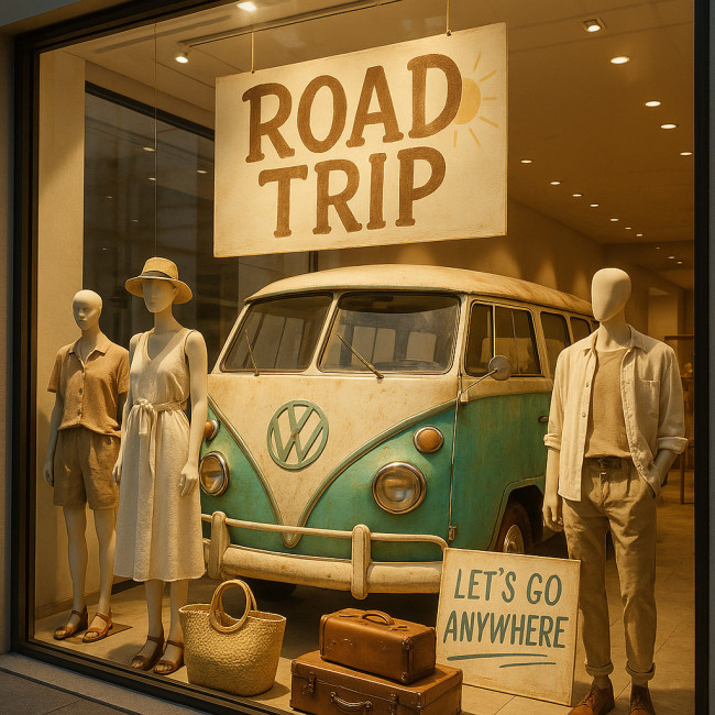 storytelling retail store window with vintage van prop