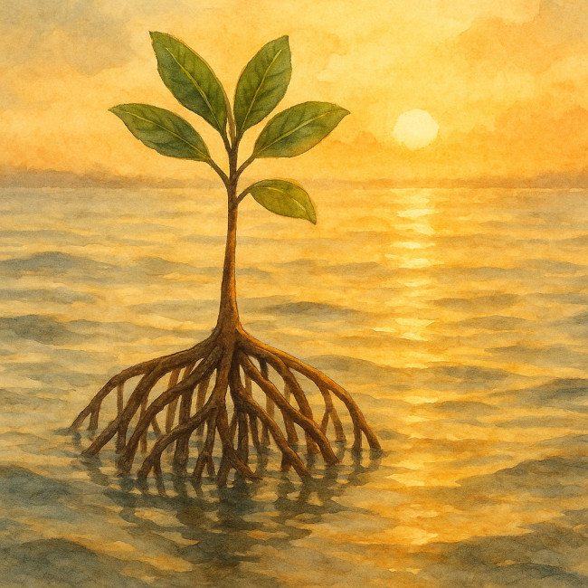 Watercolor storyboard depicting a mangrove seedling at sunrise