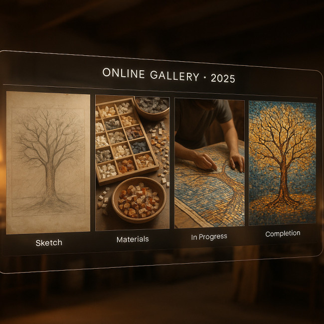 futuristic online mosaic gallery displaying sequential story