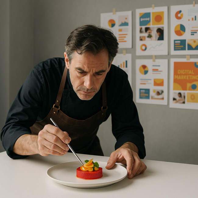 chef plating brand-colored appetizer during campaign briefing