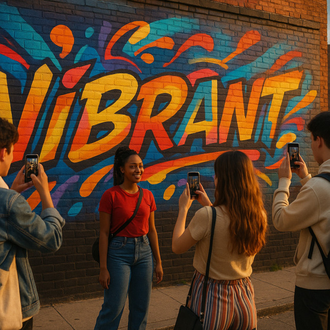 crowd photographing a colorful branded street mural