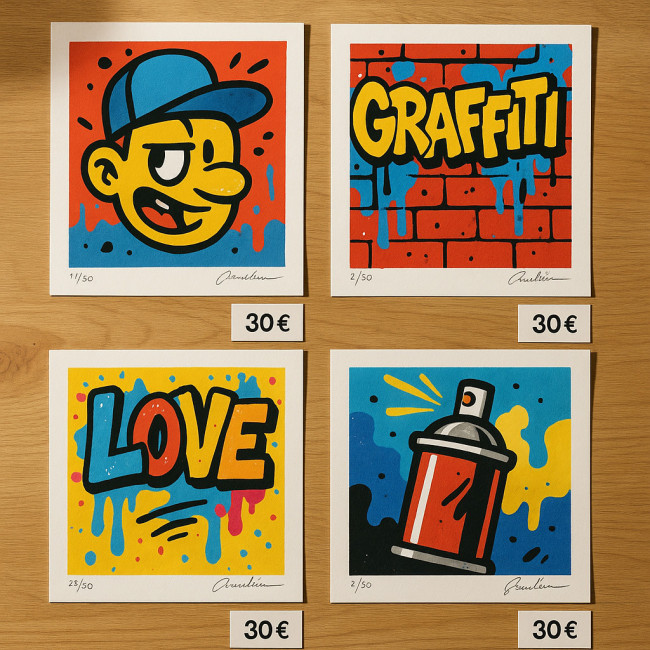 Limited edition street art prints flat lay