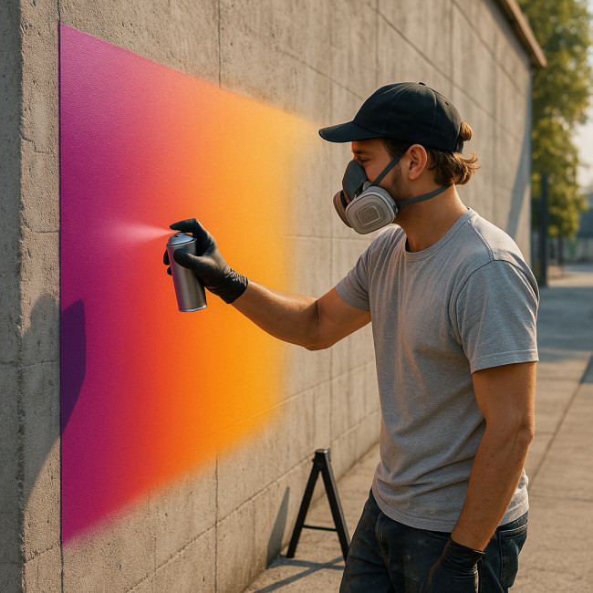 Street artist creating a precise gradient on a wall without overspray