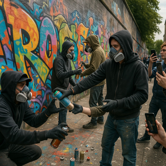 street artists collaborating on a large mural during a jam session