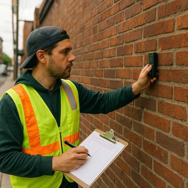 Street artist measuring a brick wall for a mural
