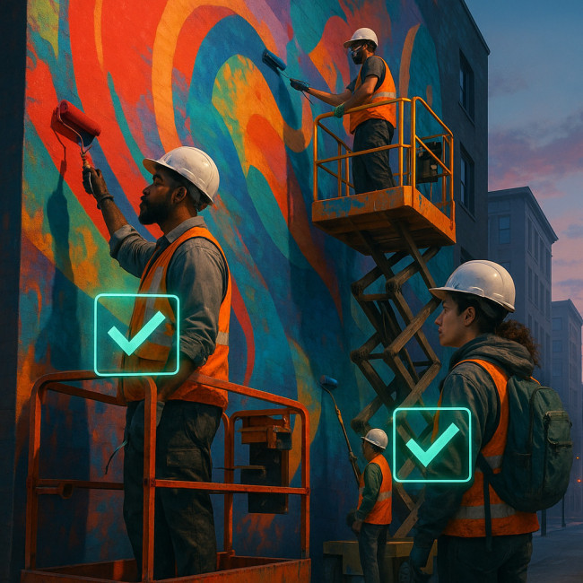 artists painting large mural with permit overlay