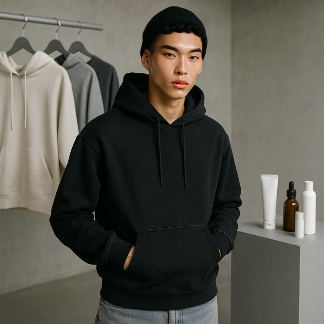 Streetwear meets skincare male model in Berlin studio
