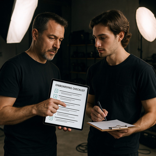 Lead photographer onboarding a studio assistant with a checklist