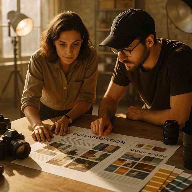art director and photographer reviewing a printed brief in a studio