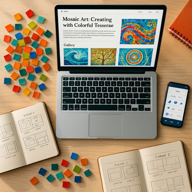 flat lay of laptop with mosaic blog and gallery