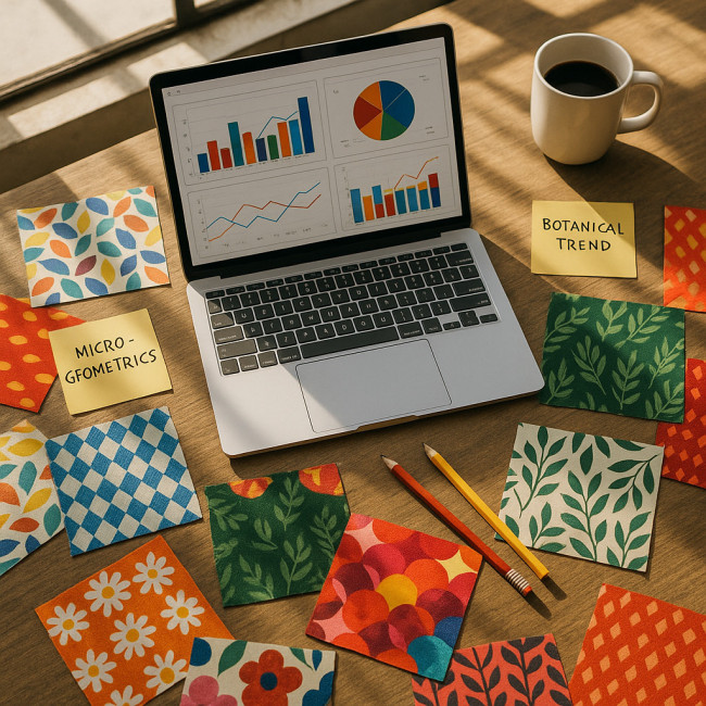 desk with pattern swatches and analytics