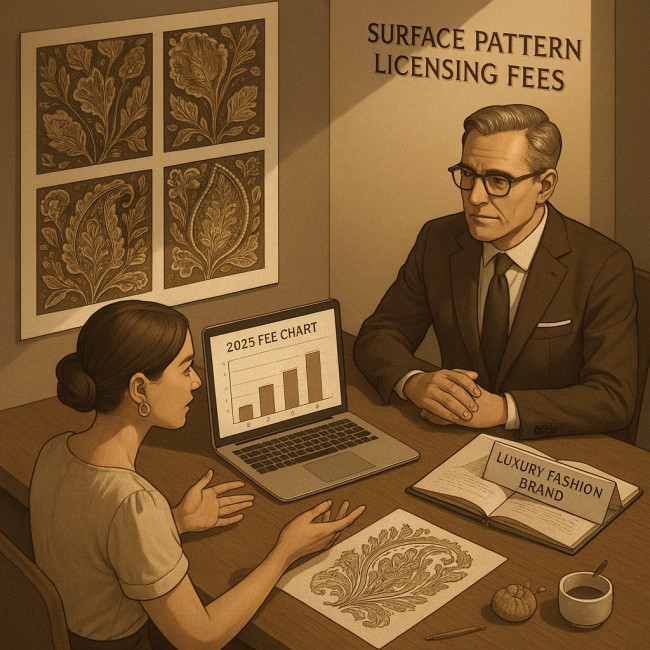 Illustration of a designer negotiating pattern licensing fees in 2025