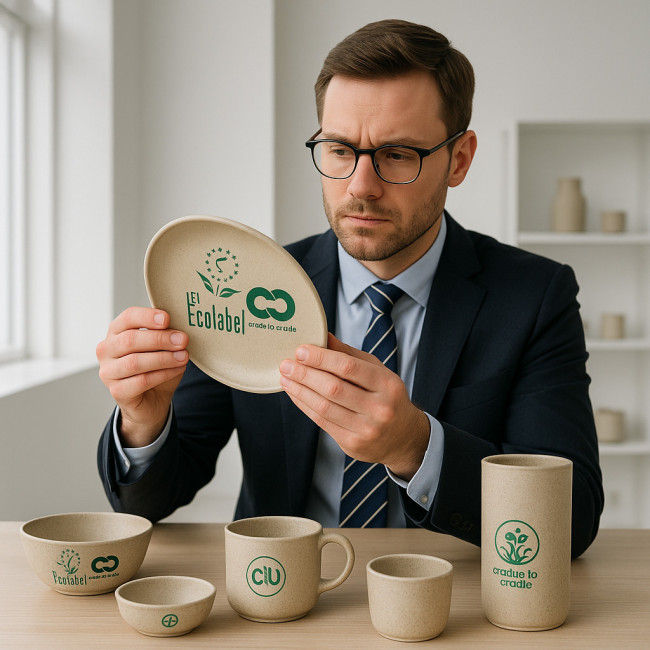 Recruiter examining eco-certified ceramic pieces