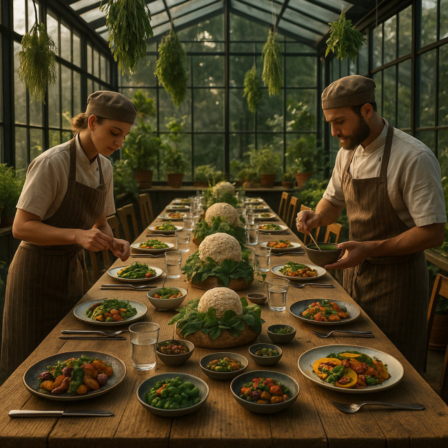 Zero-waste gourmet banquet in an urban greenhouse