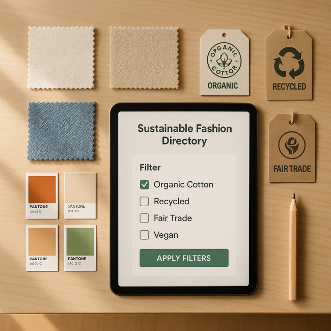 Flatlay of eco fashion designer workspace with directory filters