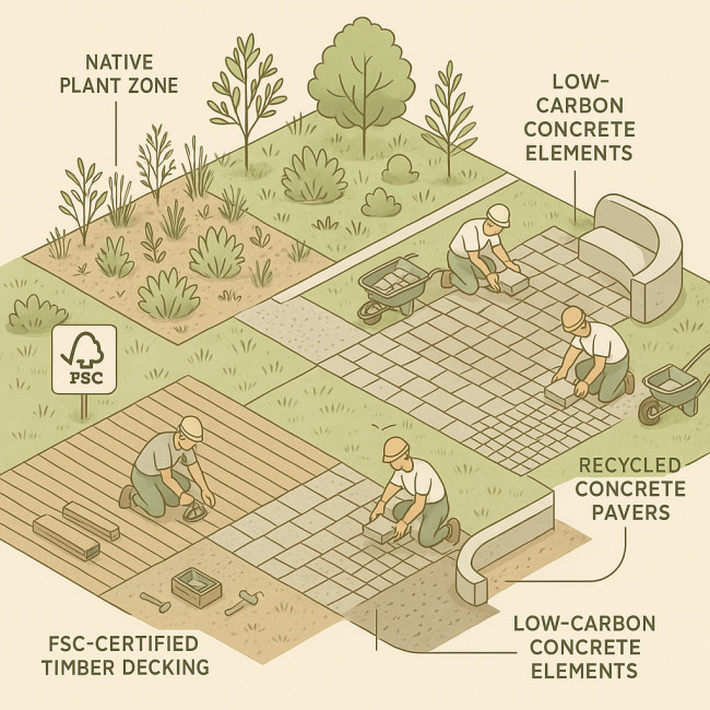 Isometric overview of a sustainable landscape with eco-certified materials