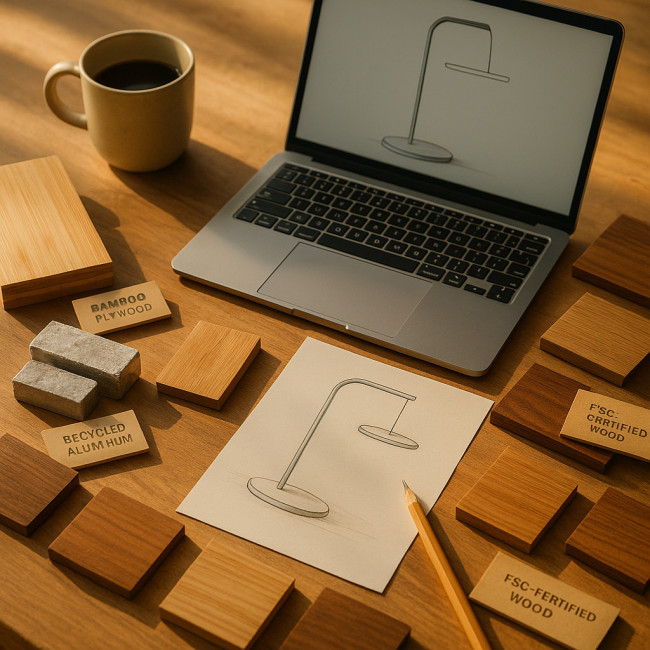 Overhead view of sustainable material sourcing workspace