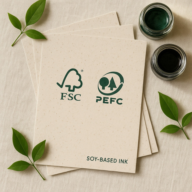 Flat-lay of recycled paper sheets with eco certifications and green leaves