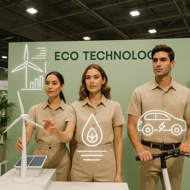Sustainable tech expo models in biodegradable uniforms