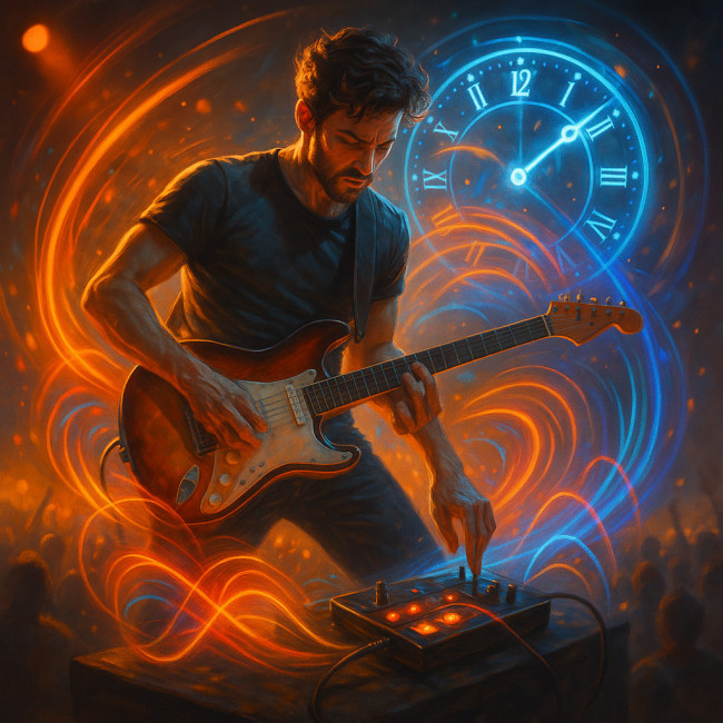 guitarist performing with synced looping rig