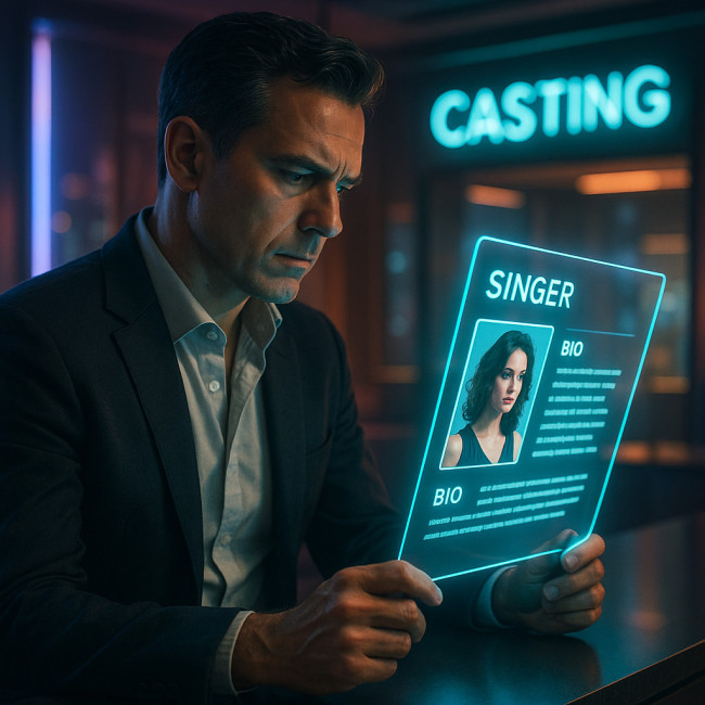 Talent scout reviewing a singer bio on screen