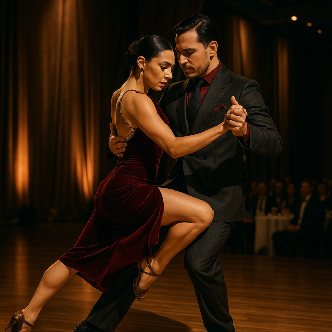 Professional tango duo performing a dramatic gancho in elegant crimson and charcoal costumes on a corporate stage