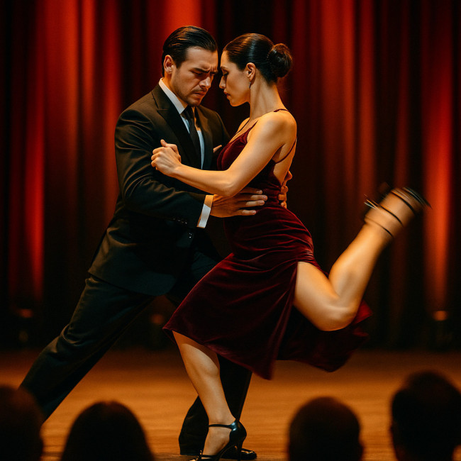 Tango duo performing dramatic gancho on festival stage