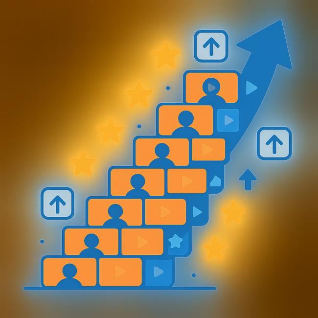 Icons of video, stars and arrow showing engagement rise