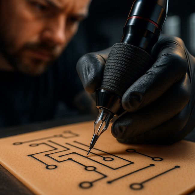 Tattoo artist practicing needle skill drills