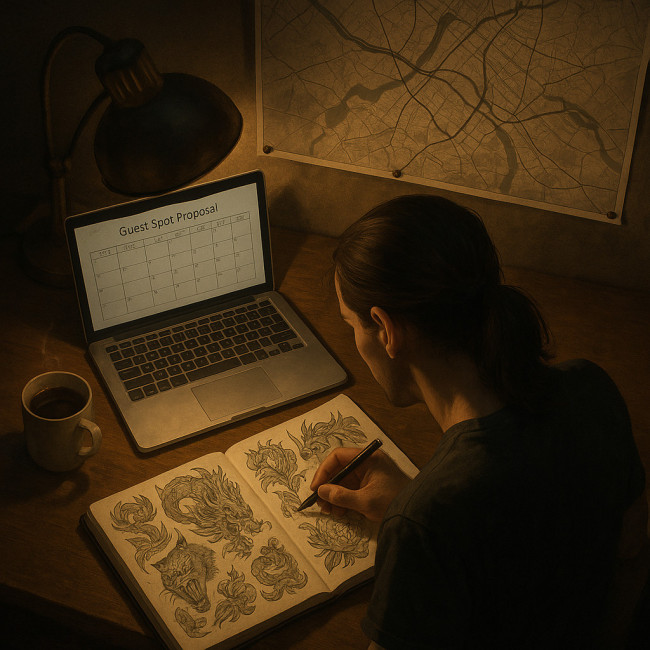 Tattoo artist drafting a guest spot proposal