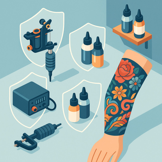 Illustration of insurance shields protecting tattoo gear