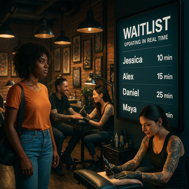 Digital waitlist screen inside tattoo studio