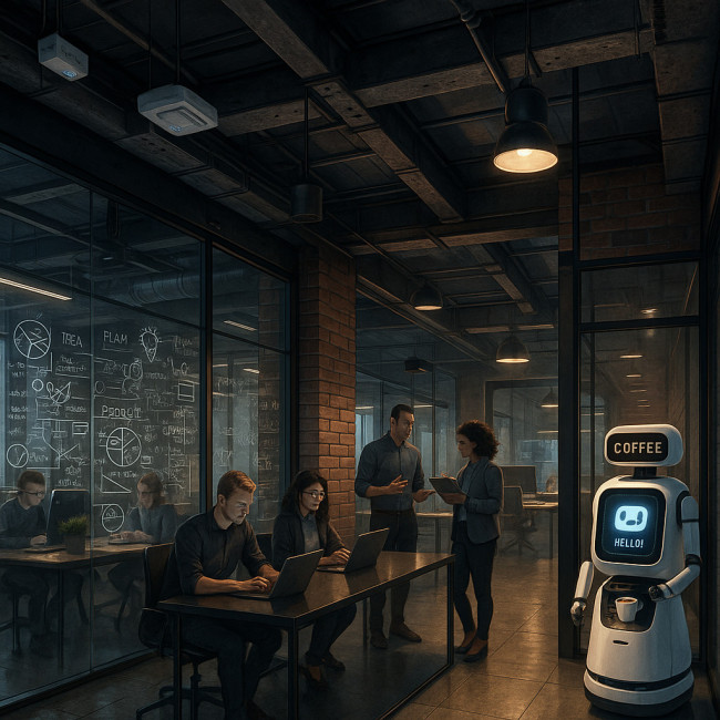 Tech-Lab HQ interior with coffee robot and writable glass walls