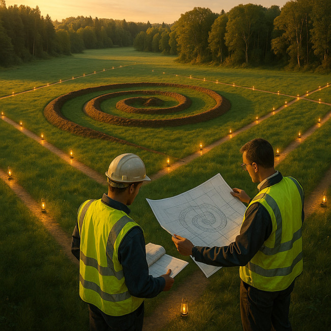 planning officers inspect temporary landscape art installation