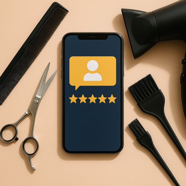 Smartphone showing 5-star hair salon review beside styling tools