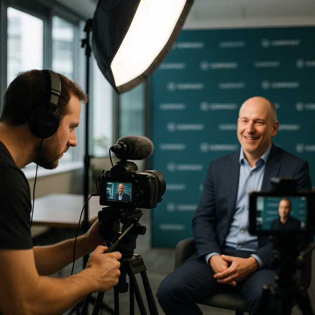 videographer filming a corporate testimonial interview