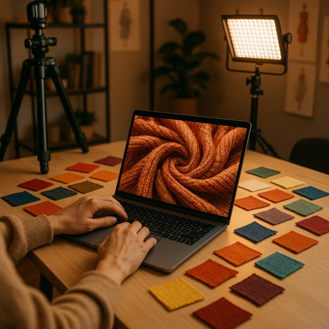 Photographer uploading high-detail textile photos in studio