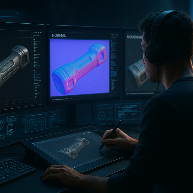 Digital artist inspecting texture maps on multiple monitors