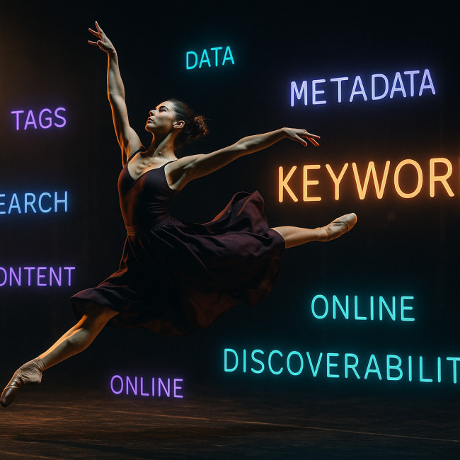 Dancer leaping among glowing digital tags